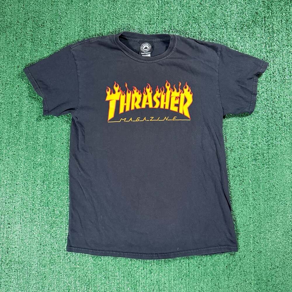 Faded Thrasher Magazine Flame Logo T-Shirt Black Medium